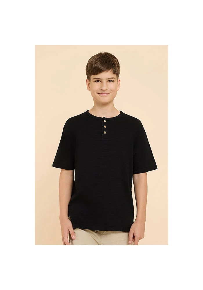 أر أند بي Textured T-Shirt with Henley Neck and Short Sleeves