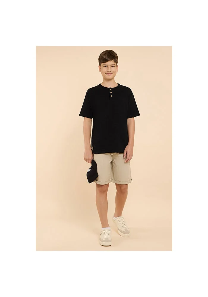 أر أند بي Textured T-Shirt with Henley Neck and Short Sleeves