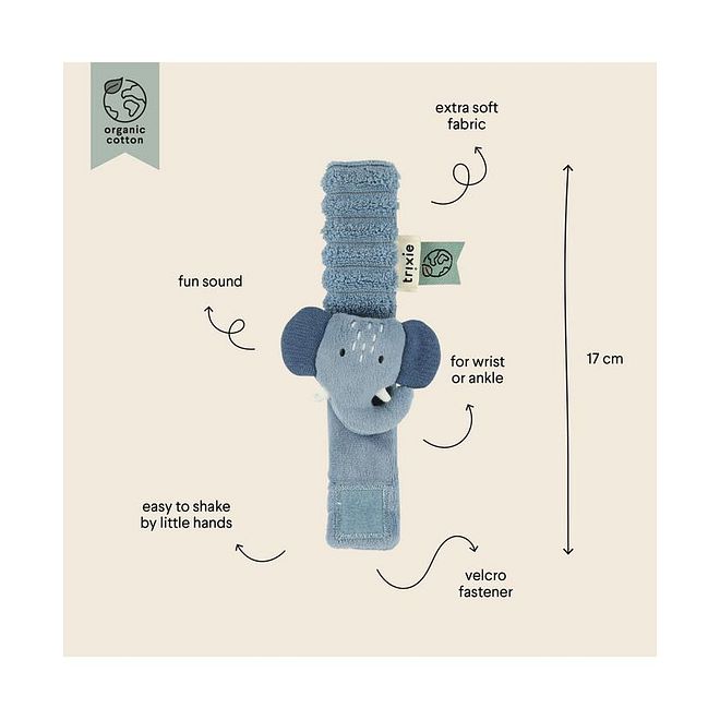 Trixie Mr. Elephant Wrist Rattle, Comfortable, Soft, Gentle, 0 Months+, 17cm - Grey - Image 3