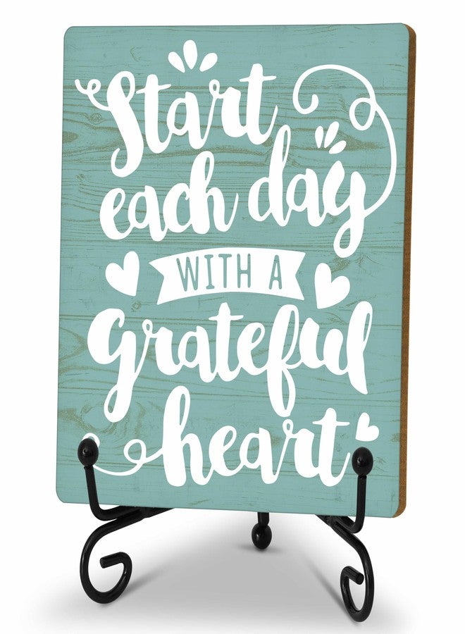 Zmyollo Inspirational Desk Decor Sign, Motivational Wooden Sign With Stand, Start Each Day With A Grateful Heart Sign For Home Office Living Room Shelf Table, Cheer Up Gifts For Family Friend Coworker, A01 - Image 1