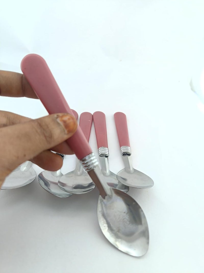 advancedestore Stainless Steel Medium DinnerTable Spoon Set for Dining Table Dessert Spoon Multi Colour Color Plastic Handle Flatware Cutlery Set Table Ware Set of 12 pcs - Image 4