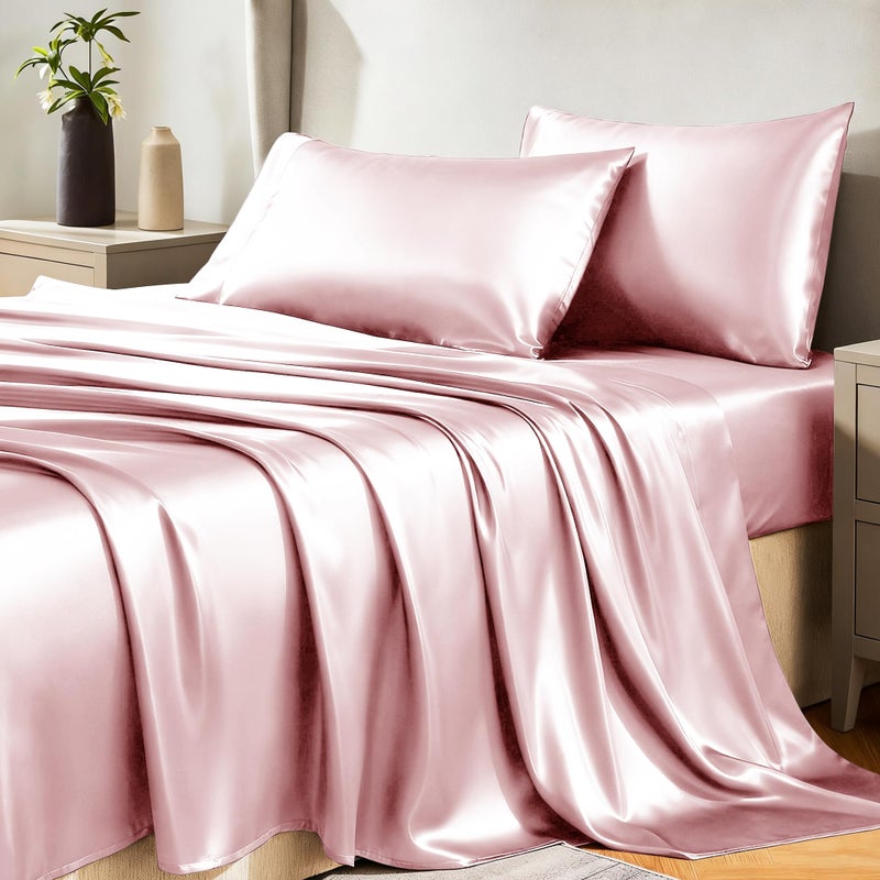 CozyLux Satin Sheets Full Size Sheets - 4 Piece Silky Full Size Bed Sheets, Luxury Dirty Pink Full Bed Set with Smooth and Soft Microfiber, Includes 1 Fitted Sheet, 1 Flat Sheet and 2 Pillowcases - Image 1