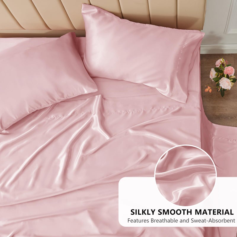 CozyLux Satin Sheets Full Size Sheets - 4 Piece Silky Full Size Bed Sheets, Luxury Dirty Pink Full Bed Set with Smooth and Soft Microfiber, Includes 1 Fitted Sheet, 1 Flat Sheet and 2 Pillowcases - Image 3