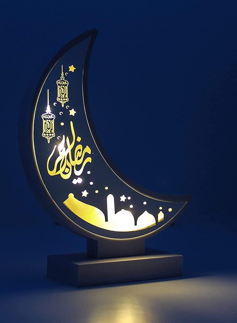رمضان كريم خشبي أبيض إنهاء مضيئة الهلال القمر الديكور عطلة ليلة الخفيفة - Image 1
