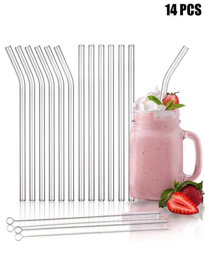 HY 14 Pack Reusable Glass Straws and Brushs, Set of 6 Straight and 6 Bent, Clear Glass Drinking Straw with 2 Cleaning Brushes Perfect for Juice, Smoothies  - Image 1