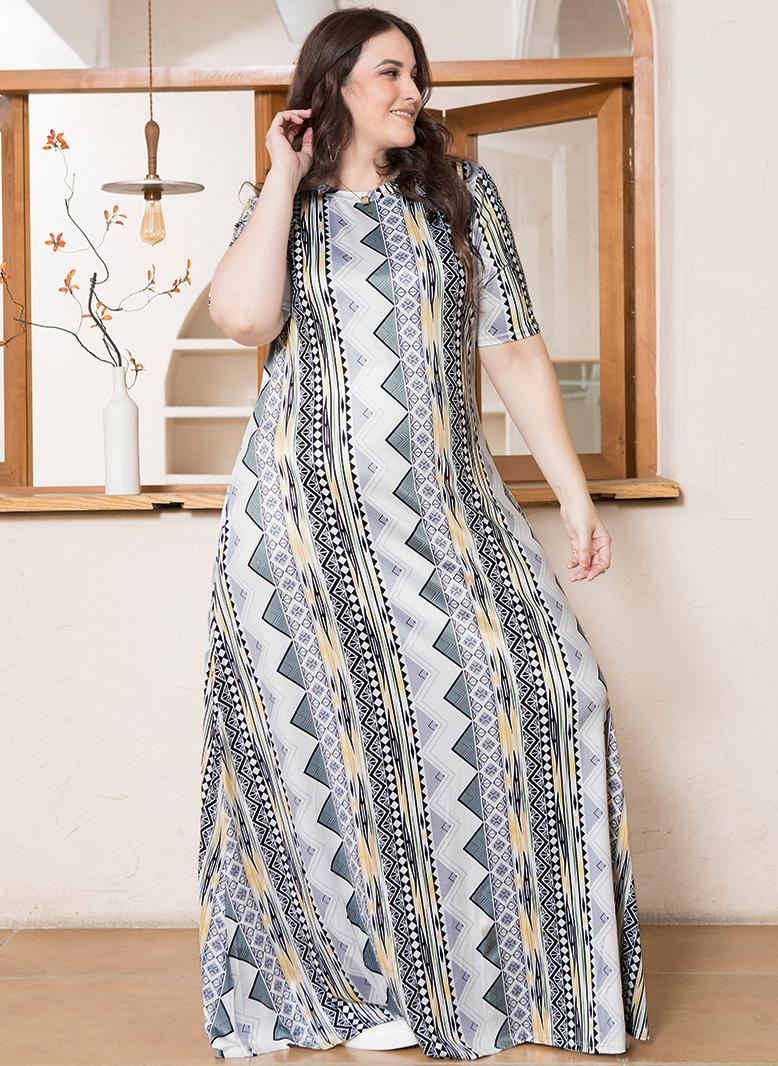 فرايديين انيق دائري تباين اللون طباعة غير منتظم كم منتظم فساتين حجم إضافي رمادي - Image 3