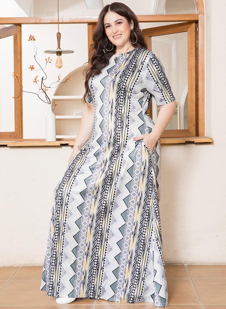 فرايديين انيق دائري تباين اللون طباعة غير منتظم كم منتظم فساتين حجم إضافي رمادي - Image 4