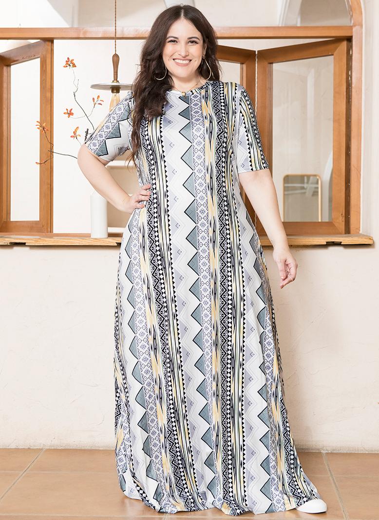 فرايديين انيق دائري تباين اللون طباعة غير منتظم كم منتظم فساتين حجم إضافي رمادي - Image 5