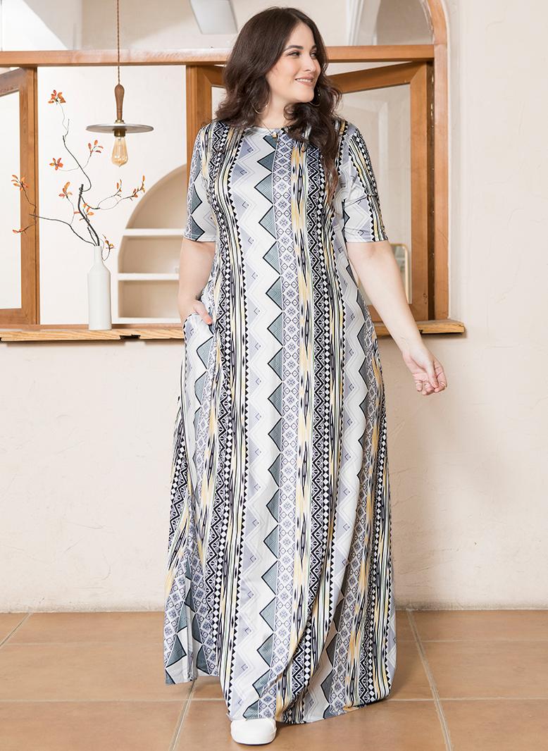 فرايديين انيق دائري تباين اللون طباعة غير منتظم كم منتظم فساتين حجم إضافي رمادي - Image 1