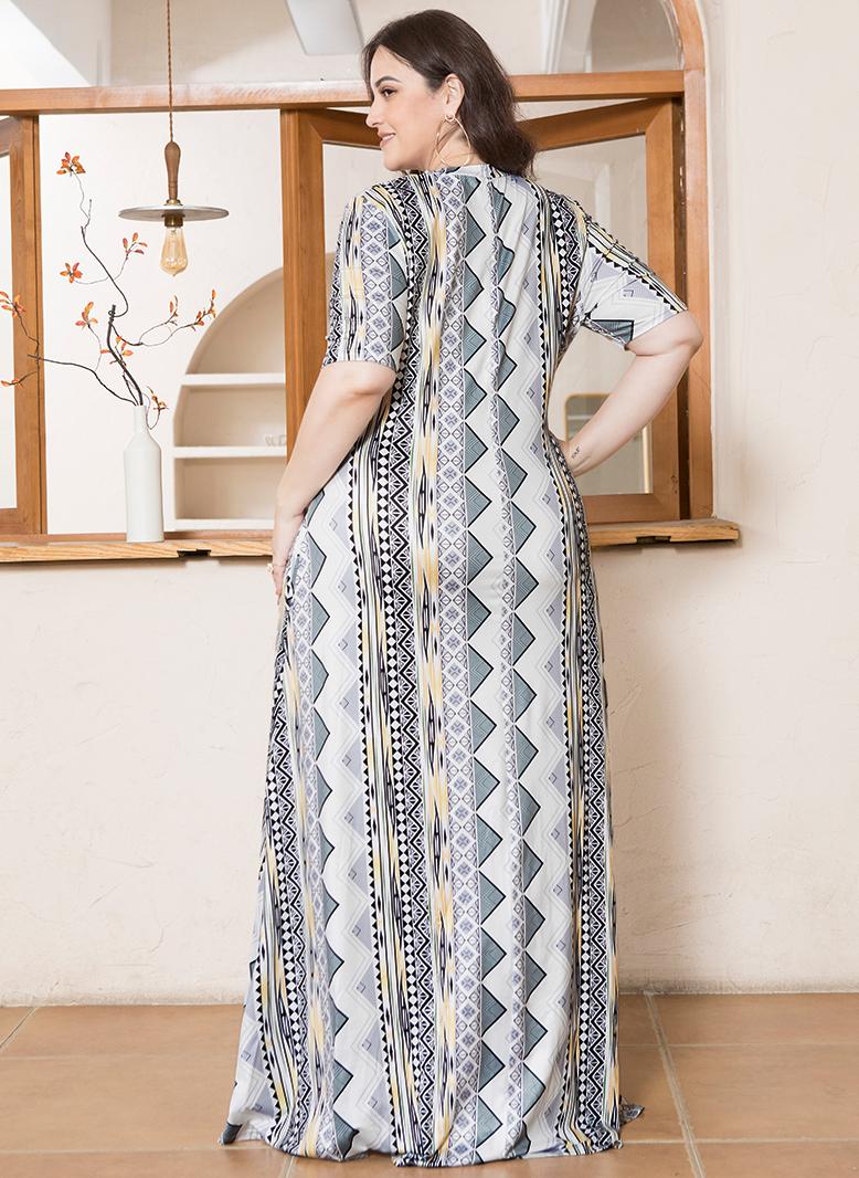 فرايديين انيق دائري تباين اللون طباعة غير منتظم كم منتظم فساتين حجم إضافي رمادي - Image 2