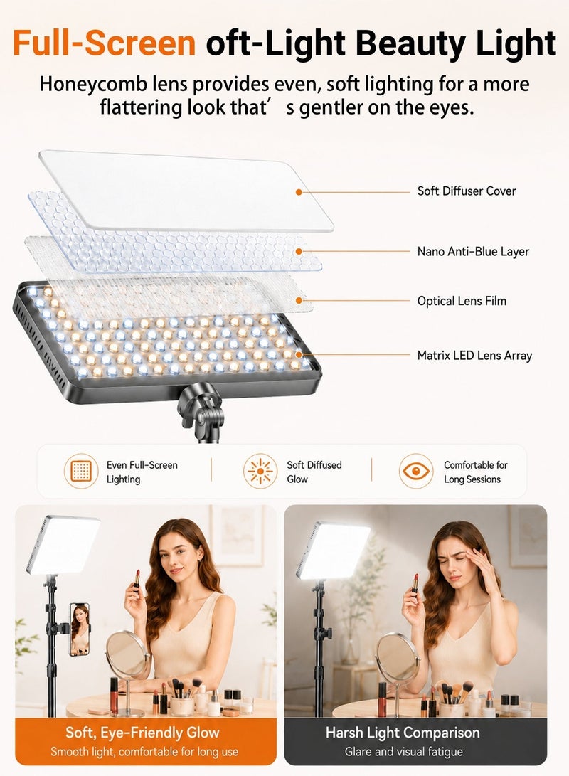 طقم إضاءة LED للتصوير 12 بوصة بقوة 980 واط، مصباح فيديو ناعم بشاشة كاملة مع ثلاثة ألوان ومستويات سطوع متعددة، إضاءة استوديو احترافية مع حامل أرضي بطول 2 متر وقاعدة مكتبية للبث المباشر وتصوير المنتجات والمكياج وفيديوهات TikTok وYouTube - Image 3