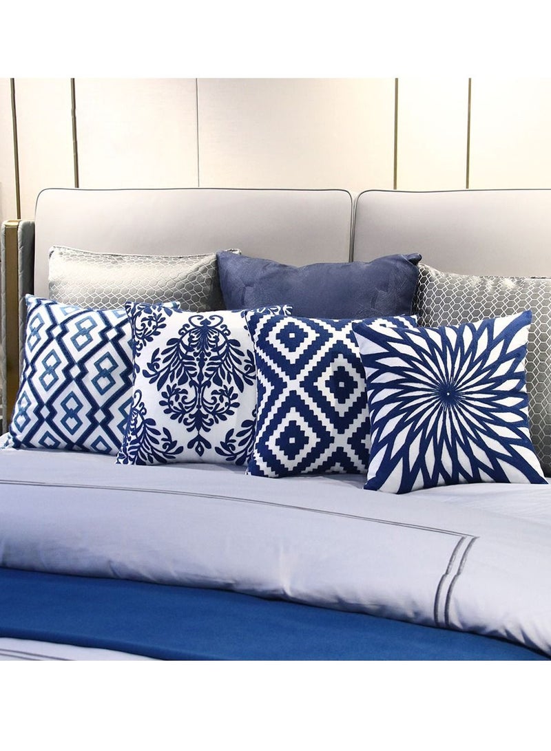 NIBEMINENT 4-pieceThrow Pillow case Set , with Blue and White Porcelain Embroidery Geometric Design Sofa Pillow cover Suitable for Home and Office - Image 2