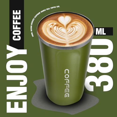 Lyrovo Insulated Travel Coffee Mug Spill Proof Leak Proof Pobtable to Go Camping Stainless Steel Coffee Tumbler Reusable Coffee Cups with Lids Thermos for Hot and Cold Drink (Green, 380ml) - Image 3