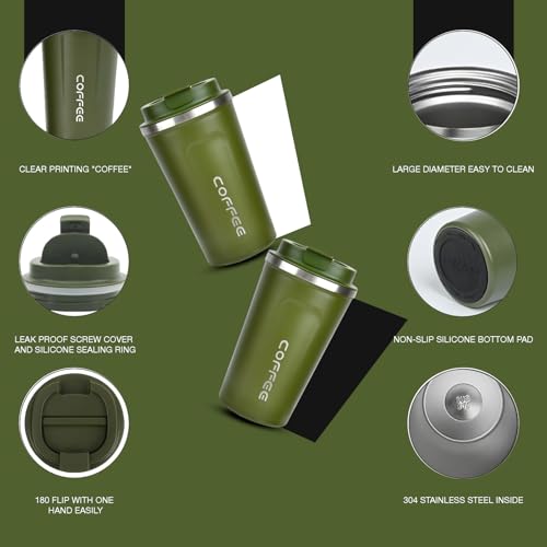 Lyrovo Insulated Travel Coffee Mug Spill Proof Leak Proof Pobtable to Go Camping Stainless Steel Coffee Tumbler Reusable Coffee Cups with Lids Thermos for Hot and Cold Drink (Green, 380ml) - Image 2