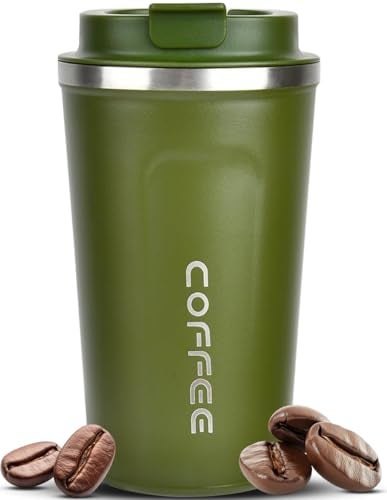 Lyrovo Insulated Travel Coffee Mug Spill Proof Leak Proof Pobtable to Go Camping Stainless Steel Coffee Tumbler Reusable Coffee Cups with Lids Thermos for Hot and Cold Drink (Green, 380ml) - Image 1
