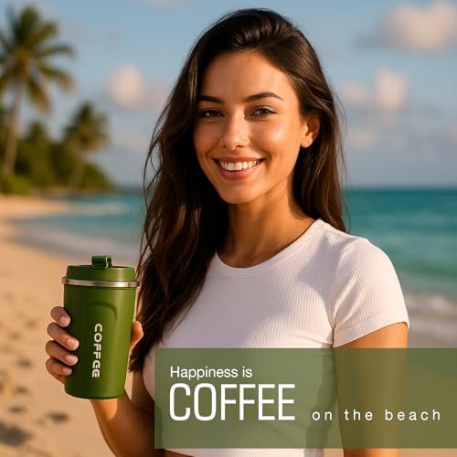 Lyrovo Insulated Travel Coffee Mug Spill Proof Leak Proof Pobtable to Go Camping Stainless Steel Coffee Tumbler Reusable Coffee Cups with Lids Thermos for Hot and Cold Drink (Green, 380ml) - Image 5