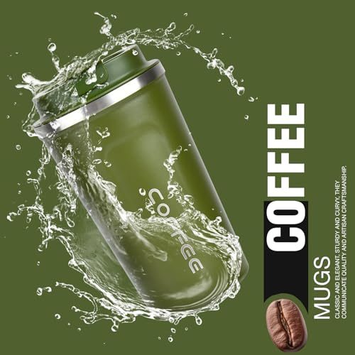 Lyrovo Insulated Travel Coffee Mug Spill Proof Leak Proof Pobtable to Go Camping Stainless Steel Coffee Tumbler Reusable Coffee Cups with Lids Thermos for Hot and Cold Drink (Green, 380ml) - Image 4