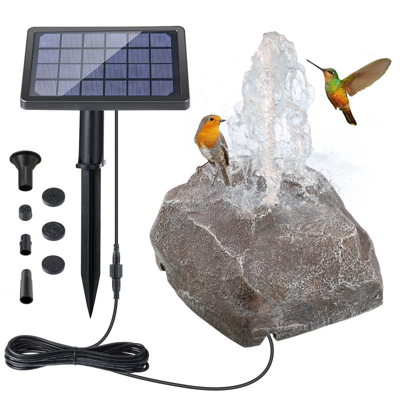 Saillong Solar Fountain Bird Bath with Solar Panel Rockery Granite Water with 5 Nozzles Solar Water Fountain for Birdbath Outdoor Pond Patio Garden and Fish Tank 