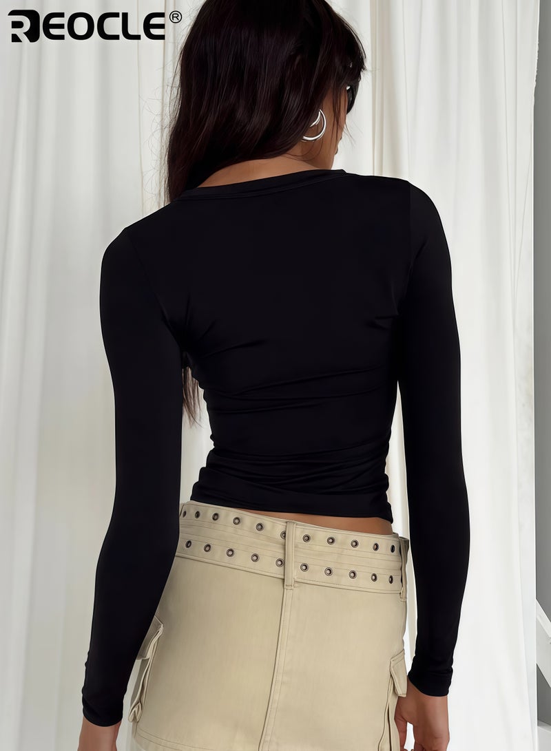 REOCLE Women's Long Sleeve Basic T-shirt with Y2K Style and Fall Fashion Design Essential Crop Top with Going Out Fit for Trendy Outfits - Image 3