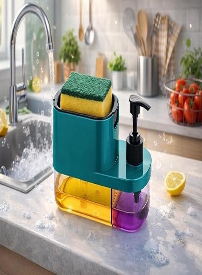B W 3 in 1 Kitchen Sink Organizer with Soap Pump Dispenser, Dish Soap Liquid Dispenser and Sponge Holder | Teal and Clear, Multi-Compartment Caddy. - Image 1