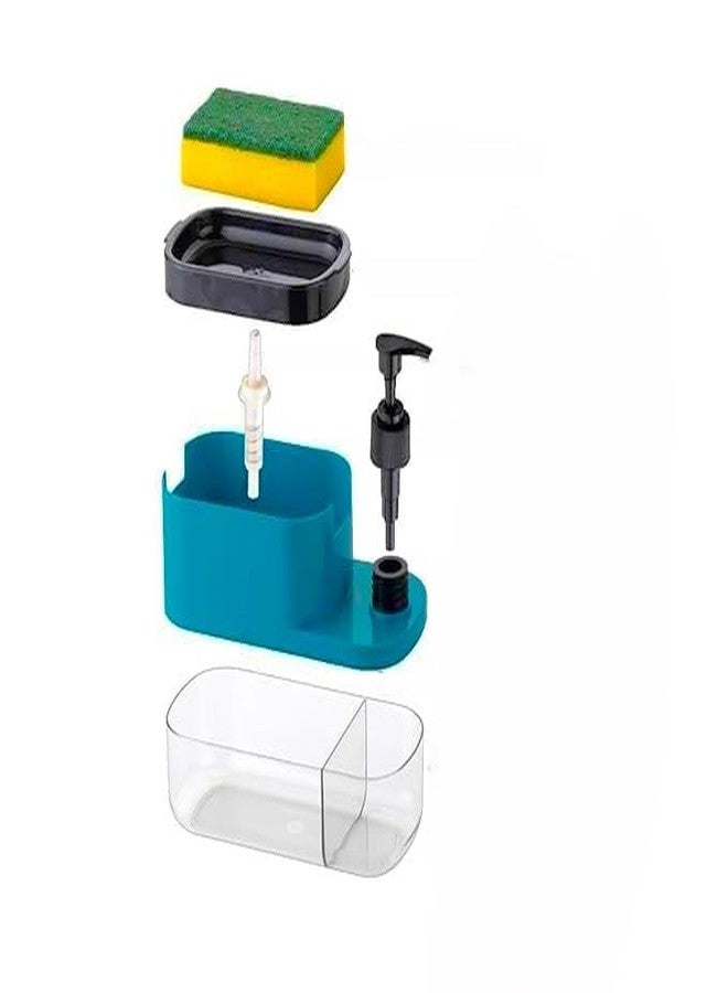 B W 3 in 1 Kitchen Sink Organizer with Soap Pump Dispenser, Dish Soap Liquid Dispenser and Sponge Holder | Teal and Clear, Multi-Compartment Caddy. - Image 3
