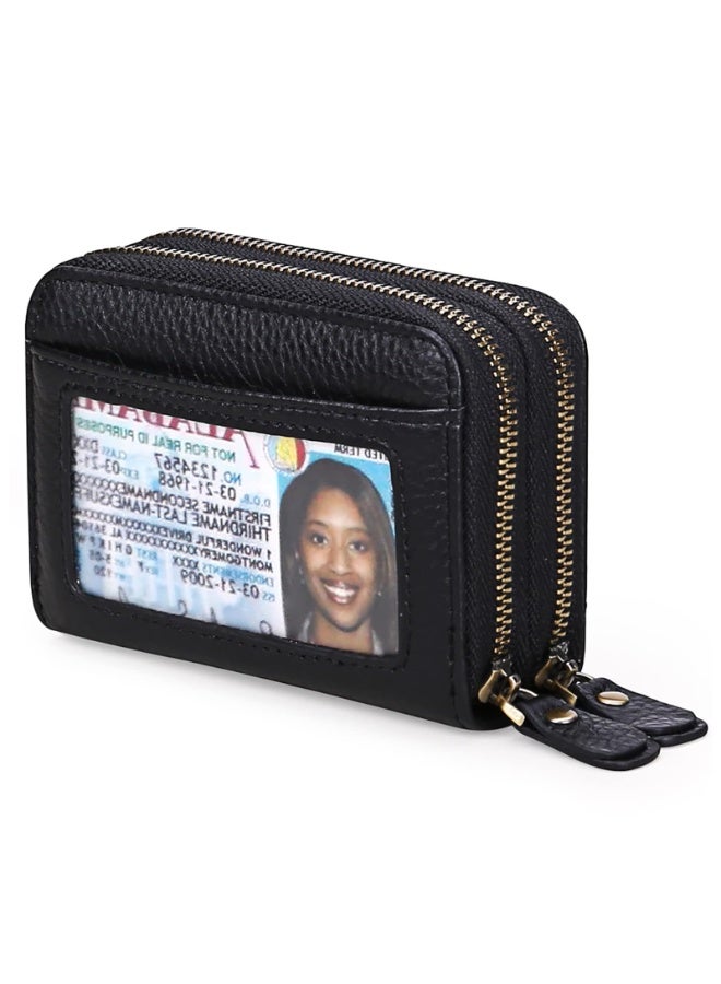 Women's Genuine Leather RFID Blocking Wallet - Double Zipper Card Holder with 12 Slots, ID Window, Black - Image 1