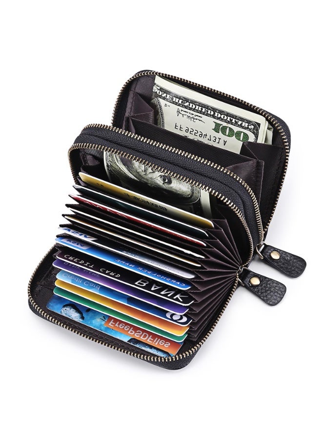 Women's Genuine Leather RFID Blocking Wallet - Double Zipper Card Holder with 12 Slots, ID Window, Black - Image 2