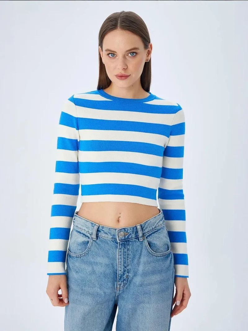 Mixray Dark Blue Denim Mixray Striped Knit Sweater for Women | Best Price UAE