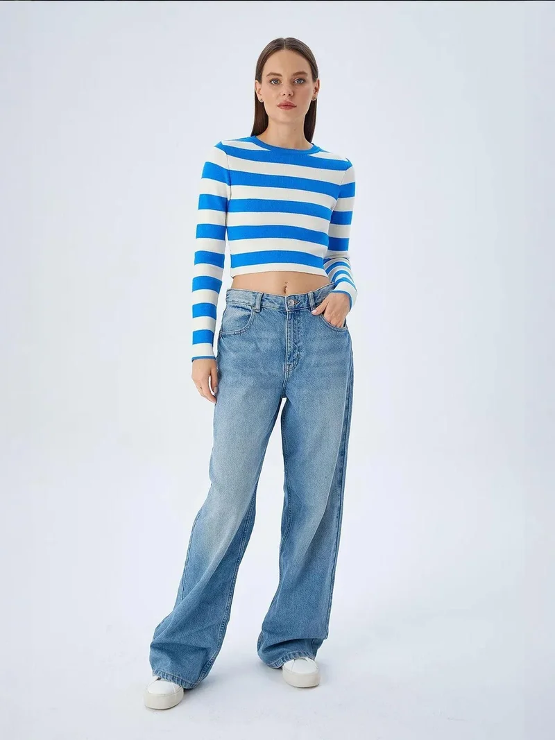 Mixray Dark Blue Denim Mixray Striped Knit Sweater for Women | Best Price UAE