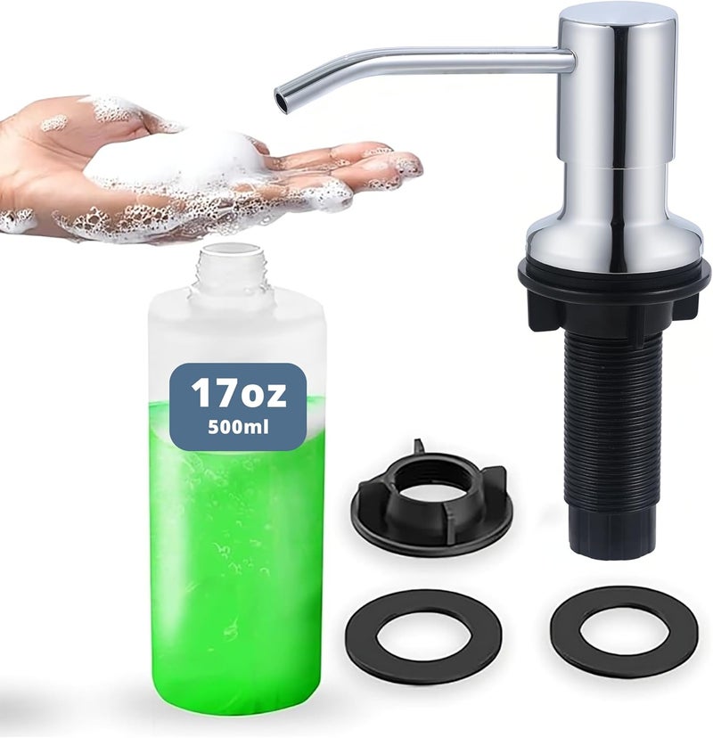 Sben Built-in Kitchen Sink Soap or Lotion Dispenser Set, Stainless Steel, Chrome Pump, 17 oz PET Bottle, Durable ABS Head, 360° Rotation (Chrome) - Image 1