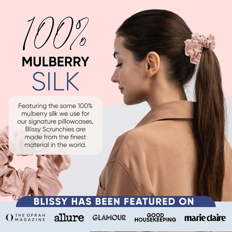 BLISSY Silk Scrunchies (3 Pack) - 100% Pure Mulberry Silk - 22 Momme 6A High-Grade Fibers - Silk Scrunchie for Straight & Curly Hair - Preventing Breakage, Tangling, & Creasing (Pink Regular) - Image 5