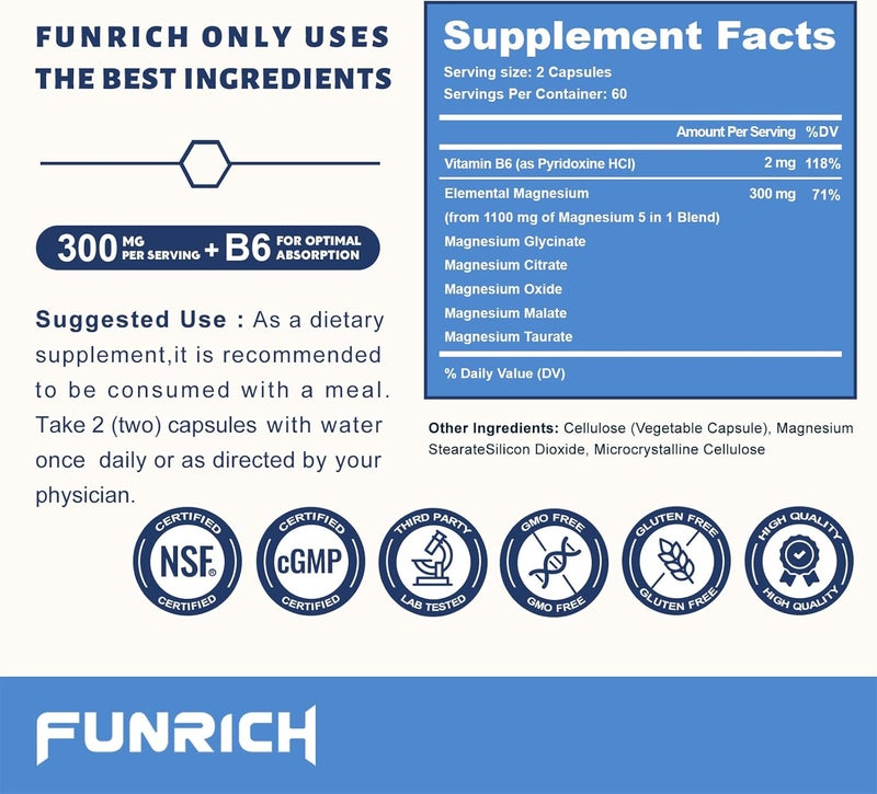 FUNRICH 5 in 1 Magnesium Complex Supplement w/Vitamin B6, Higher Absorption Magnesium Supplement - for Sleep, Nerves & Heart Health, Bones, Muscle, Recovery, Energy | Vegan Non-GMO, 120 Capsules - Image 4