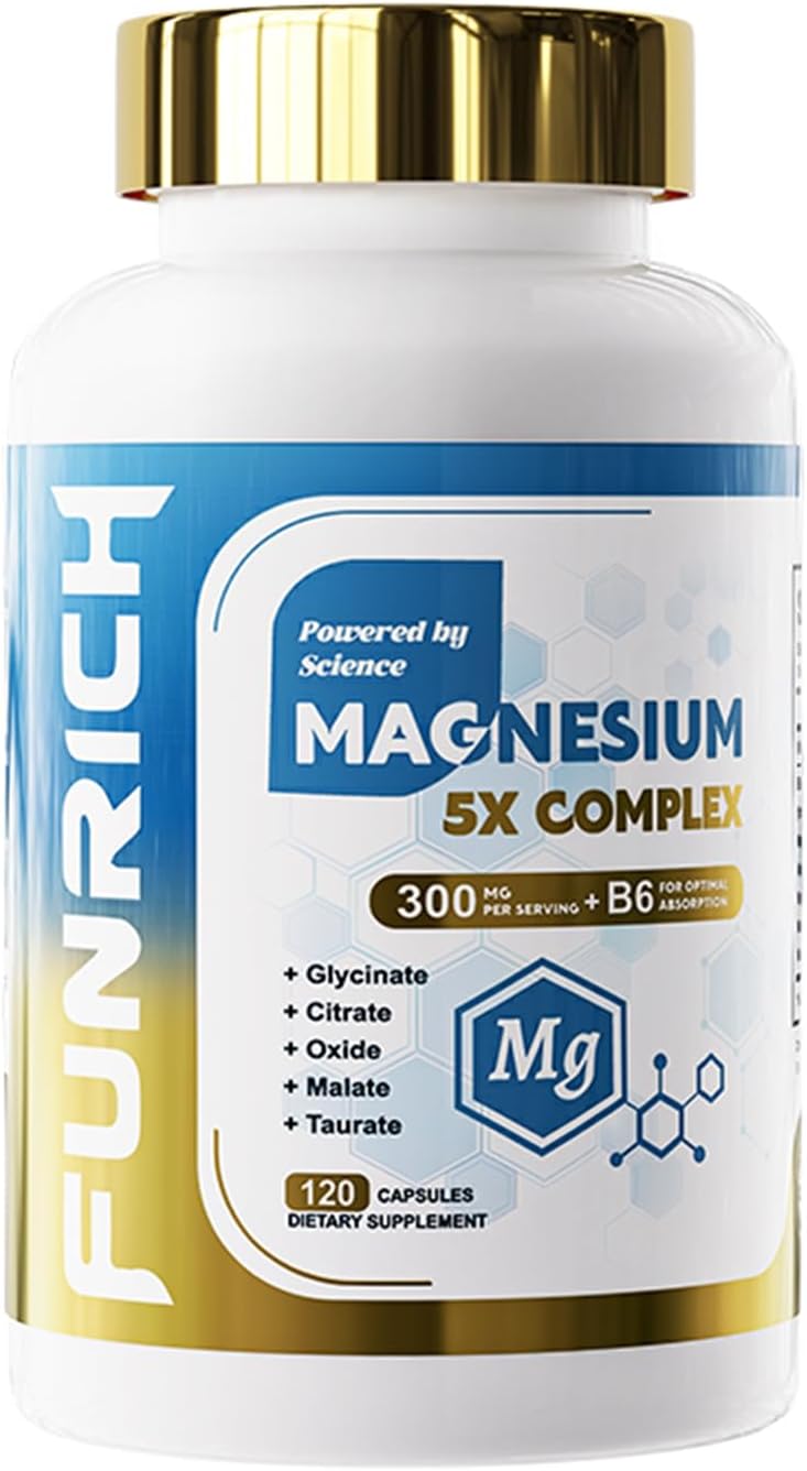 FUNRICH 5 in 1 Magnesium Complex Supplement w/Vitamin B6, Higher Absorption Magnesium Supplement - for Sleep, Nerves & Heart Health, Bones, Muscle, Recovery, Energy | Vegan Non-GMO, 120 Capsules - Image 1