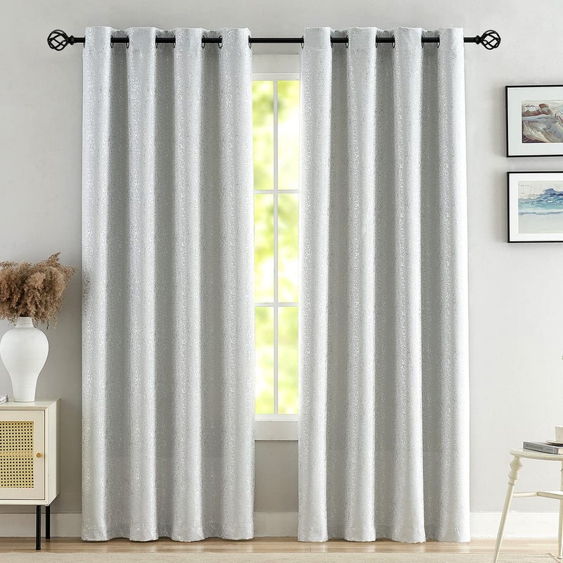 TERLYTEX White Silver Curtains for Living Room - Metallic Silver Spots Sparkle Blackout Curtains 84 Inch Long, Thermal Insulated Darkening Grommet Shiny Curtains, 52 x 84 Inch, 2 Panels, Greyish White - Image 2