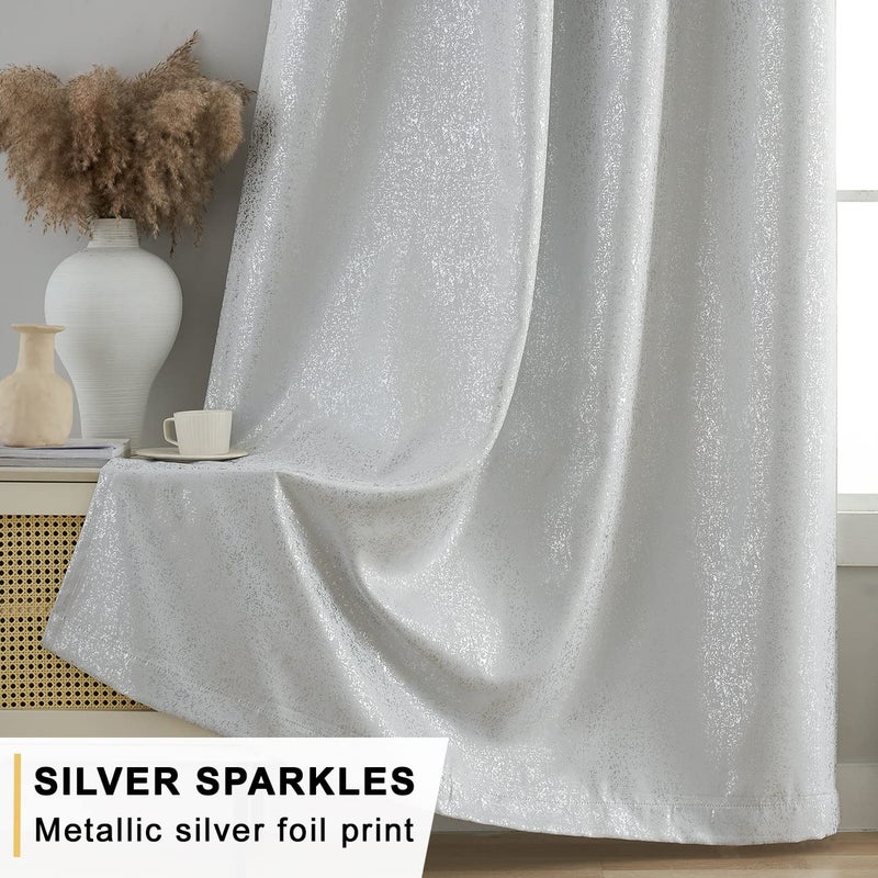 TERLYTEX White Silver Curtains for Living Room - Metallic Silver Spots Sparkle Blackout Curtains 84 Inch Long, Thermal Insulated Darkening Grommet Shiny Curtains, 52 x 84 Inch, 2 Panels, Greyish White - Image 3