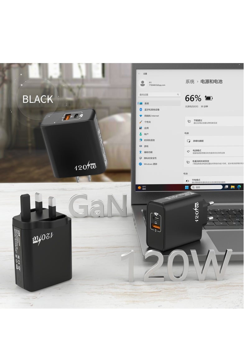 Generic - 120W UK gallium nitride Super Fast Charging Adapter Mobile Phone Charger Travel Power Adapter Black - Image 1