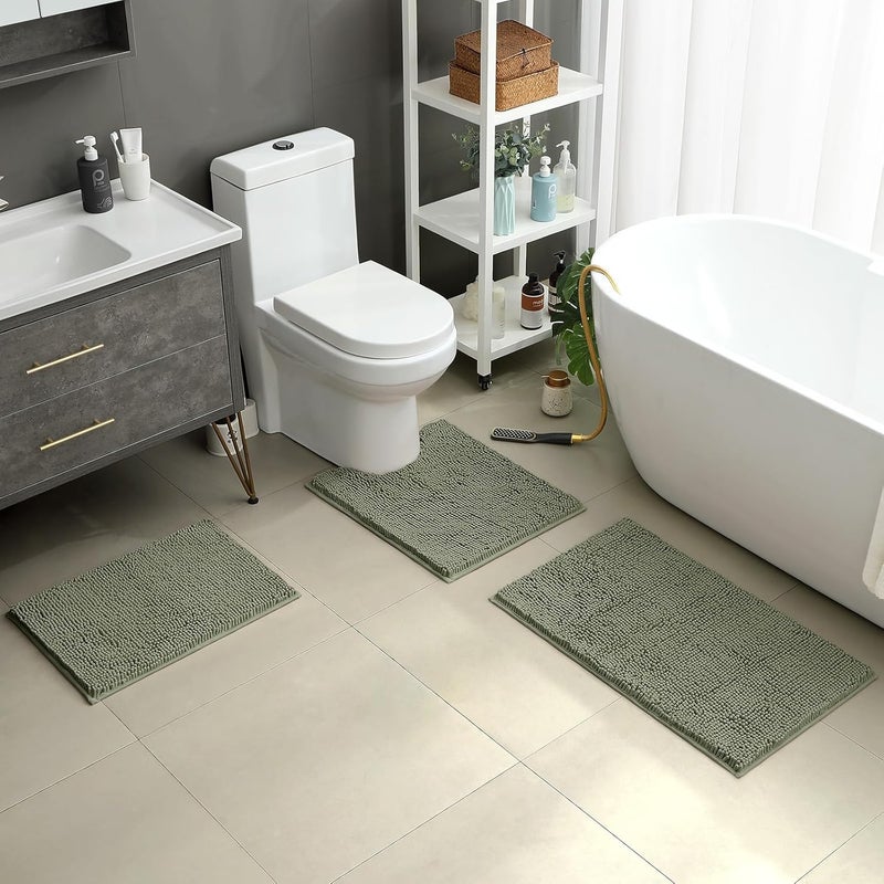 HOMEIDEAS 3 Pieces Bathroom Rugs, Ultra Soft Non Slip Absorbent Chenille Toilet Bath Mat Set (Sage Green,17"x24"+20"x32"+U Shape 20"x24") - Image 2