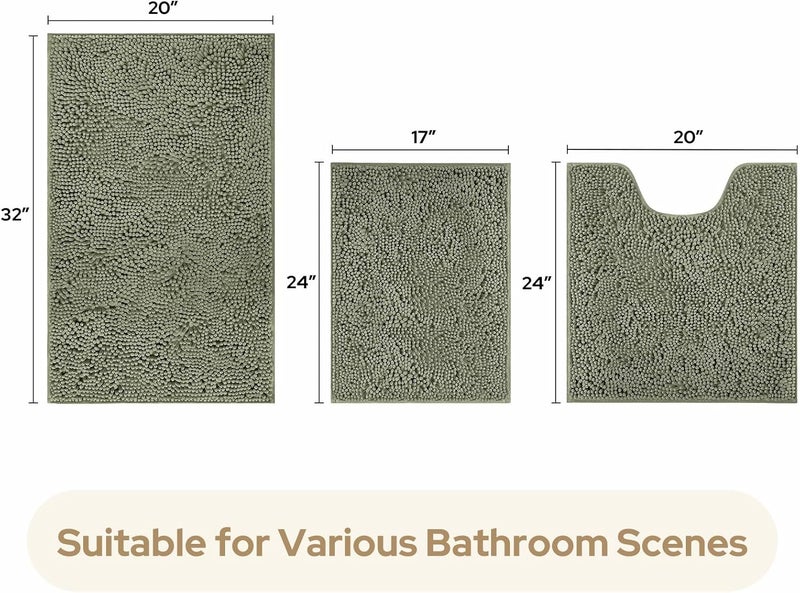 HOMEIDEAS 3 Pieces Bathroom Rugs, Ultra Soft Non Slip Absorbent Chenille Toilet Bath Mat Set (Sage Green,17"x24"+20"x32"+U Shape 20"x24") - Image 3