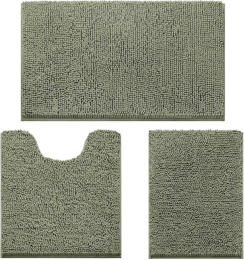 HOMEIDEAS 3 Pieces Bathroom Rugs, Ultra Soft Non Slip Absorbent Chenille Toilet Bath Mat Set (Sage Green,17"x24"+20"x32"+U Shape 20"x24") - Image 1