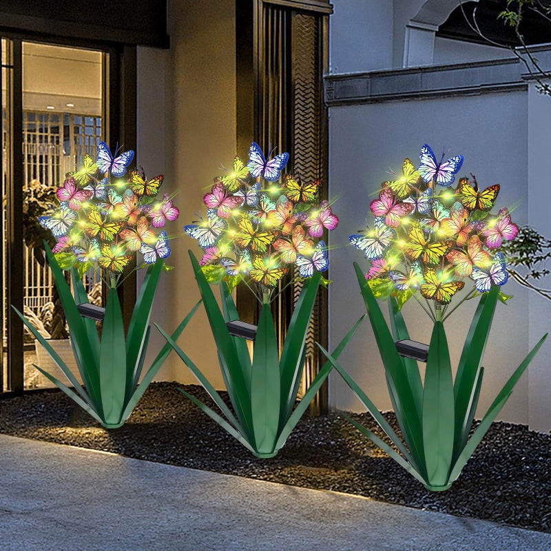 Homight Solar Metal Agave Butterfly Flower Stick Garden Sculpture - Outdoor Christmas Lights With Swaying Butterfly Sunflower - Solar Outdoor Gift (3 PCS Green) - Image 1