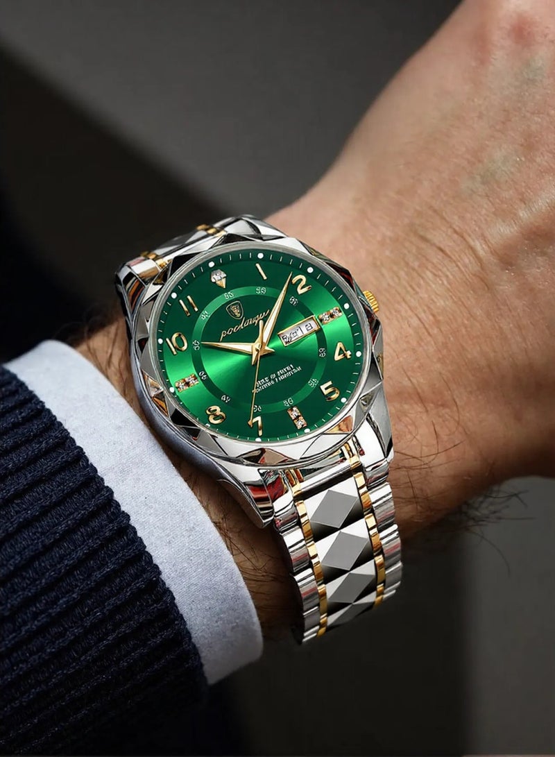 پوداجار POEDAGAR Watches - ساعة رجال تجارية قرص أخضر مُحلق مرصع شريط فولاذي مزدوج اللون - Image 3
