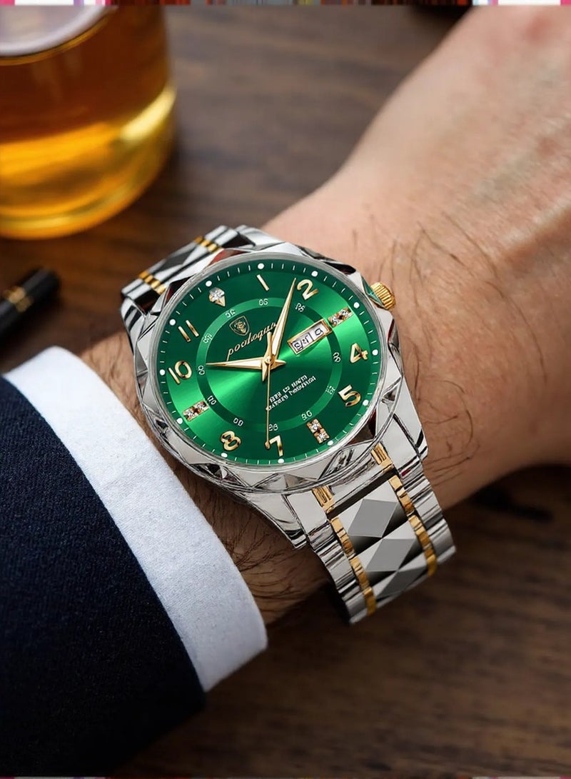 پوداجار POEDAGAR Watches - ساعة رجال تجارية قرص أخضر مُحلق مرصع شريط فولاذي مزدوج اللون - Image 4