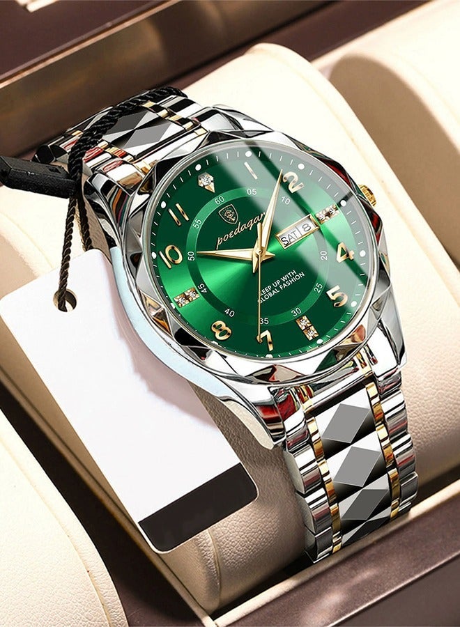 پوداجار POEDAGAR Watches - ساعة رجال تجارية قرص أخضر مُحلق مرصع شريط فولاذي مزدوج اللون - Image 2