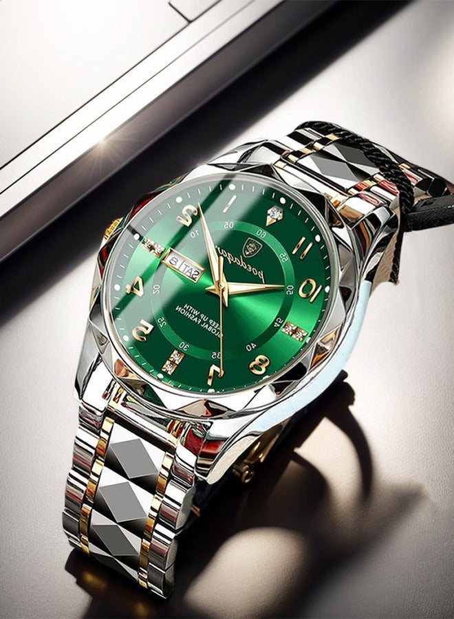 پوداجار POEDAGAR Watches - ساعة رجال تجارية قرص أخضر مُحلق مرصع شريط فولاذي مزدوج اللون - Image 1