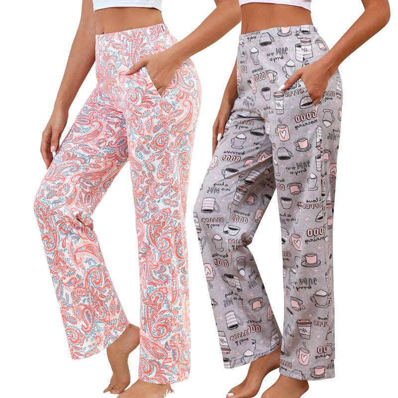 PNAEONG Women Cotton Pajama Pants Comfy Pj Bottoms Soft Printed Lounge Pant with Pockets Coffee+Pink Paisley L - Image 1