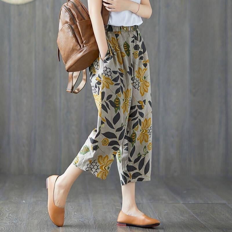 Plus Size Women'S Clothing 2023 New Pure Cotton Women'S Pants Fashionable Mom Pants Summer Thin Printed Nine-Point Casual Harem Pants - Image 1