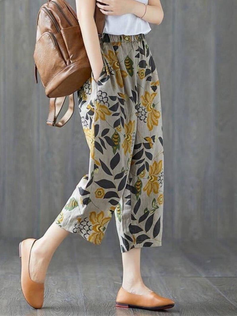 Plus Size Women'S Clothing 2023 New Pure Cotton Women'S Pants Fashionable Mom Pants Summer Thin Printed Nine-Point Casual Harem Pants - Image 3