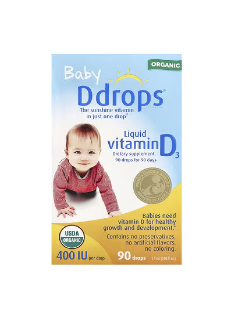 Ddrops Baby, Organic Liquid Vitamin D3, 10 mcg (400 IU), 90 Drops, 0.08 fl oz (2.5 ml)