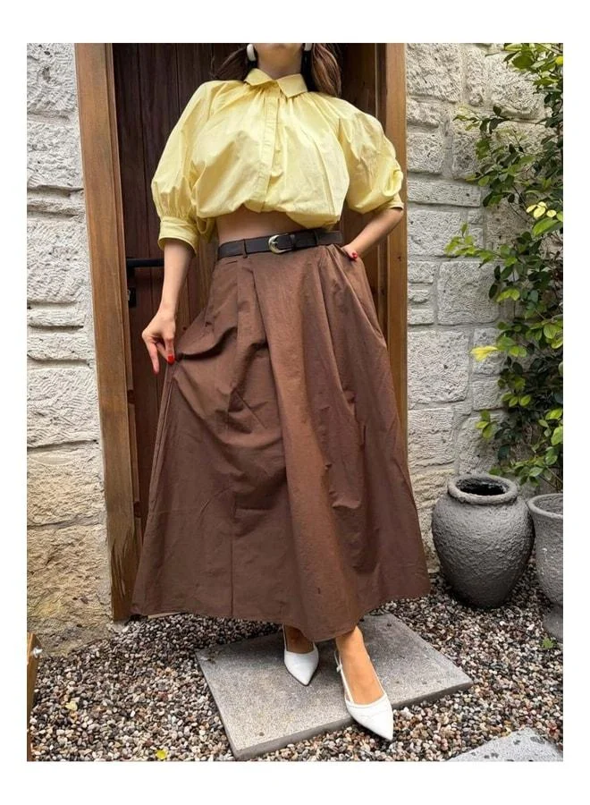 mina aise Brown A-Line Pleated and Gathered Long Poplin Women's Skirt 31070.