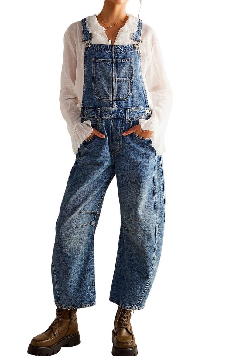 yoeasy Womens Denim Bib Overalls Barrel Wide Leg Baggy Adjustable Strap Denim Pants Jumpsuits with Pockets (Large, Blue) - Image 2